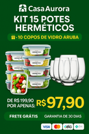 Kit 15 Potes Herméticos de Vidro + 10 Copos de Vidro Aruba de Brinde