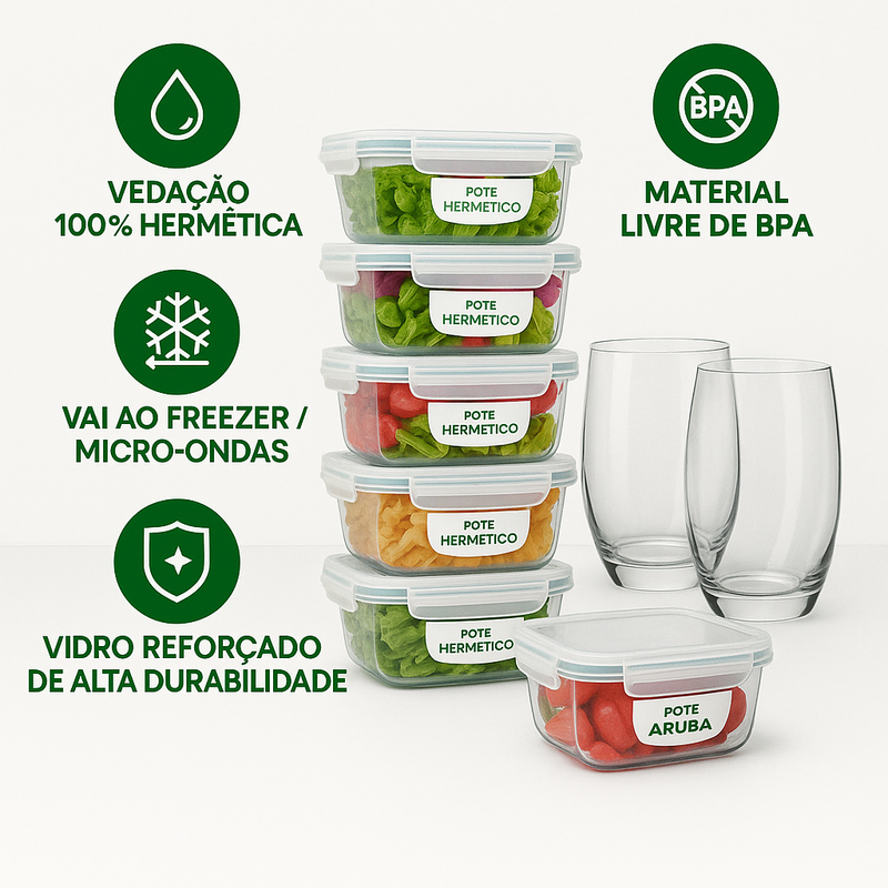 Kit 15 Potes Herméticos de Vidro + 10 Copos de Vidro Aruba de Brinde
