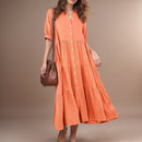 Vestido Campestre em Viscolinho com Babados e Botões Frontais